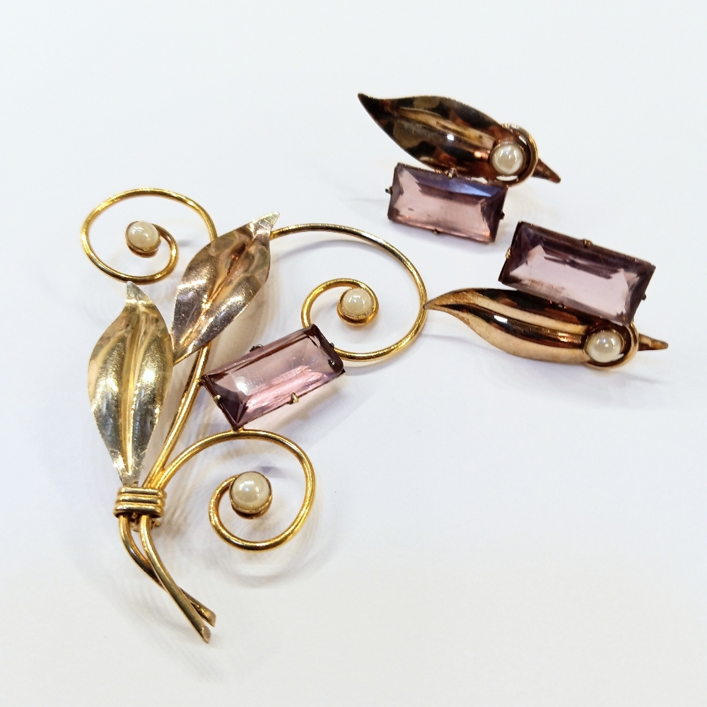 Vintage Gold Over Sterling Purple Stone Brooch And Earrings